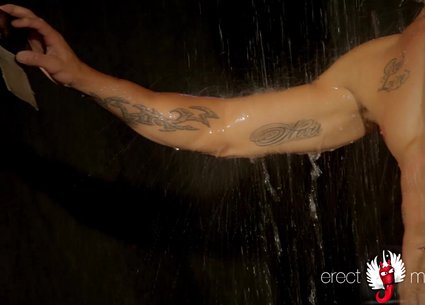 Tattooed nude boy selfi in the shower
